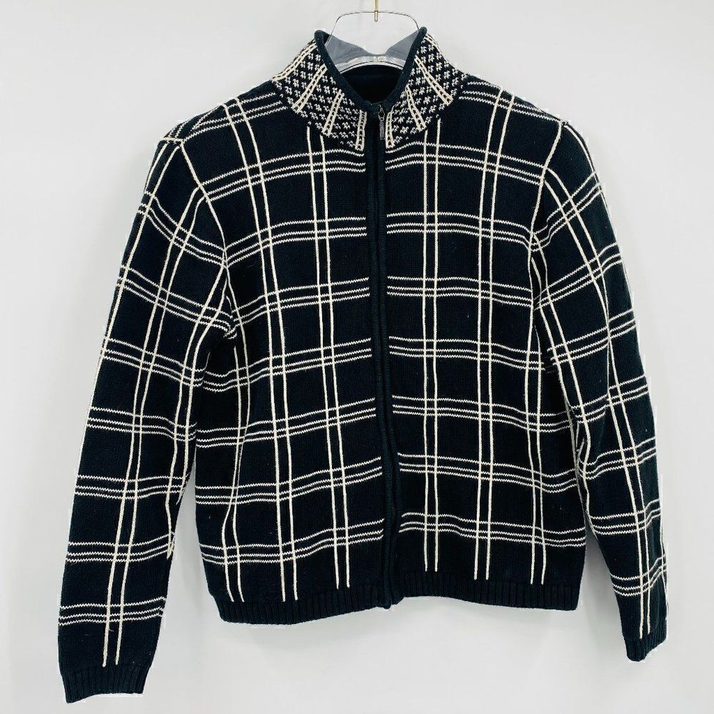 Talbots Petite SP Black White Window Pane Plaid Long Sleeve Zip Jacket